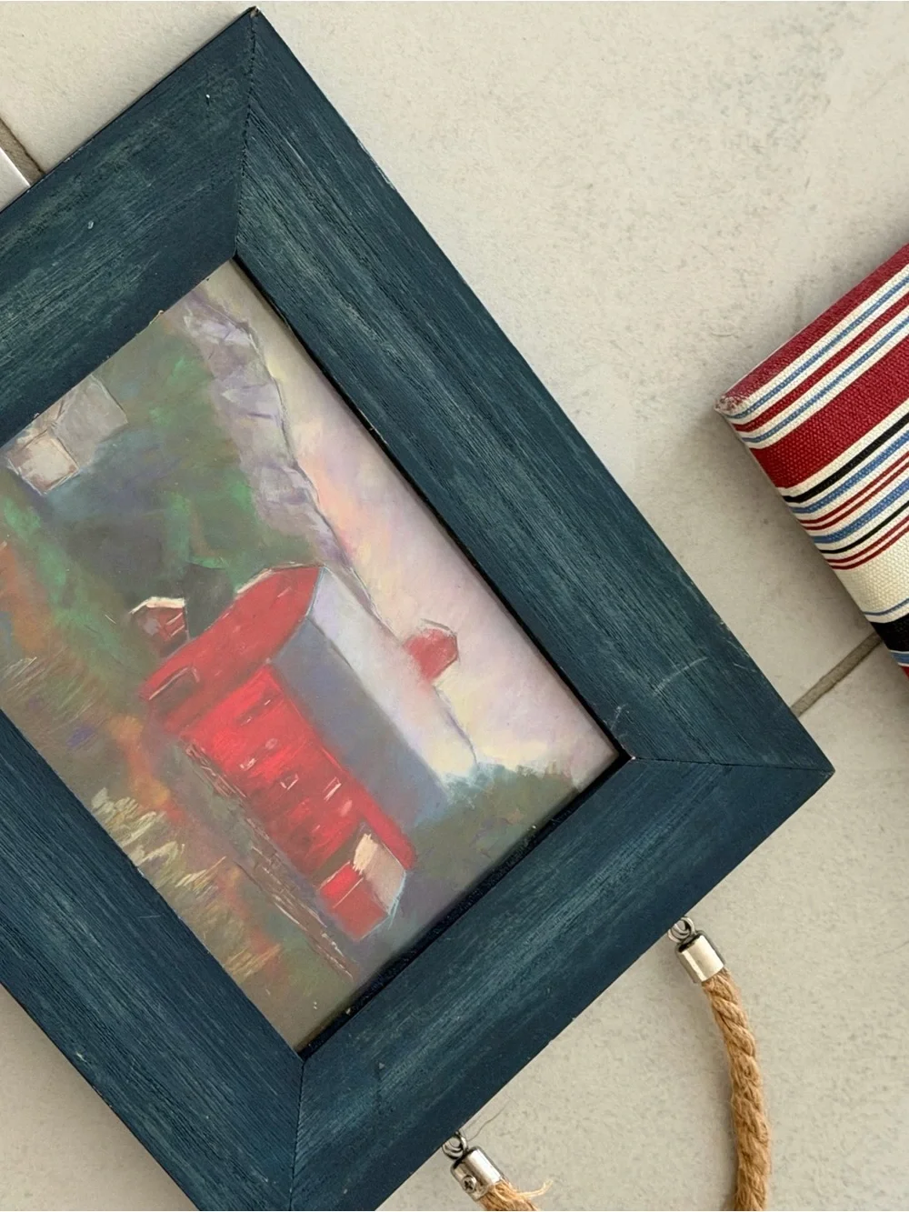 Vintage Framed Wall Art & Striped Fabric Photo Frame Set Coastal Cottage Decor